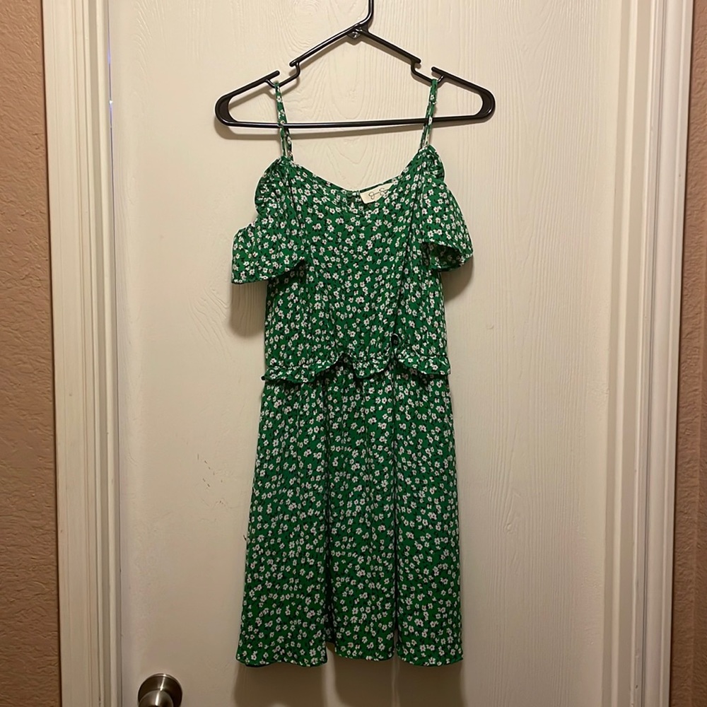 Jessica Simpson green floral sun dress cold shoulder
